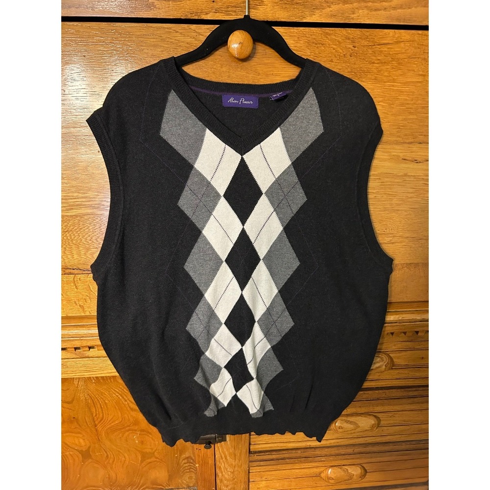 Alan Flusser‎ Y2K Preppy Argyle Sweater Vest V-Neck Charcoal Grey Dark Academia